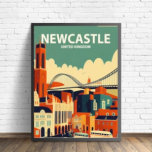 Newcastle UK Retro Art Print, Newcastle Wall Art Illustration, Newcastle Vintage Minimal Design Poster