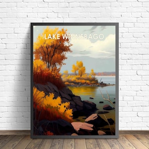 Impresión de arte retro del lago Winnebago, ilustración de arte mural del lago Winnebago, póster con diseño vintage del lago Winnebago de los años 60