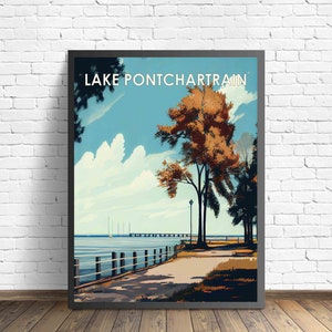 Impresión de arte retro del lago Pontchartrain, ilustración de arte mural del lago Pontchartrain, póster de diseño vintage del lago Pontchartrain de los años 60