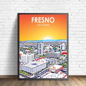 Fresno California Art Poster Sunset Landscape Poster Print, Fresno City Framed Wall Art United States Colorful Skyline Sketch Photo