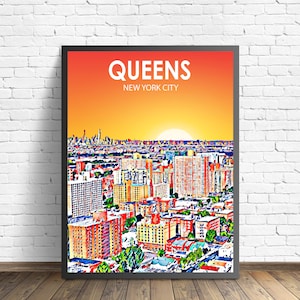 Affiche d'art du Queens à New York, impression d'affiche de paysage coucher de soleil de New York City, impression d'art de toile murale encadrée de Queens City, photo de croquis d'horizon coloré