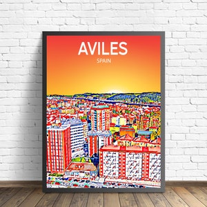 Aviles Espanha Arte Pôster Pôr do Sol / Noite Arte Impressão, Aviles Cidade Emoldurada Arte de Parede Moderna, Esboço Colorido de Tela de Horizonte