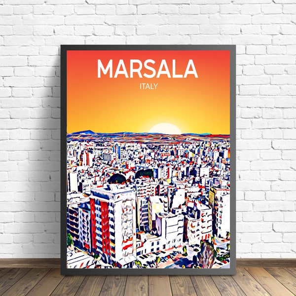 Marsala Italien Kunst Poster Sonnenuntergang / Nacht Poster Art Print, Marsala City Moderne Wandkunst, Bunte Skyline Leinwand Skizze Foto Skizze