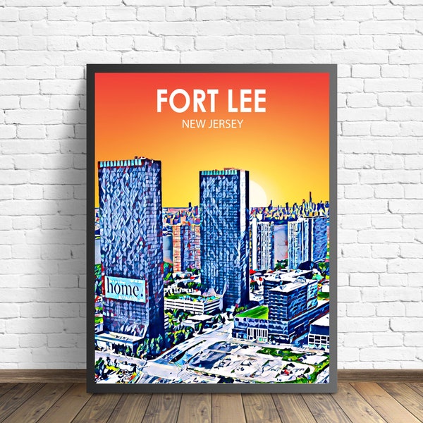 Fort Lee New Jersey Sunset Landscape Poster Print, Fort Lee City Wall Art United States Colorful Skyline Sketch Photo