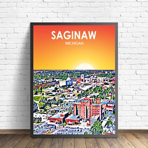 Pôster de arte de Saginaw Michigan, impressão de pôster de paisagem do pôr do sol, arte em tela de parede emoldurada da cidade de Saginaw, esboço de foto de horizonte colorido