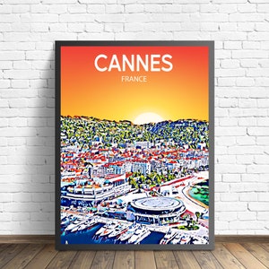 Cannes France Art Poster Sunset / Night Poster Art Print, Cannes City Modern Wall art, Colorful Skyline Canvas Sketch
