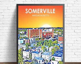 Affiche d'art de Somerville MA, impression d'affiche de paysage de coucher de soleil du Massachusetts, ville de Somerville encadrée d'art de toile d'art colorée de croquis de ligne d'horizon