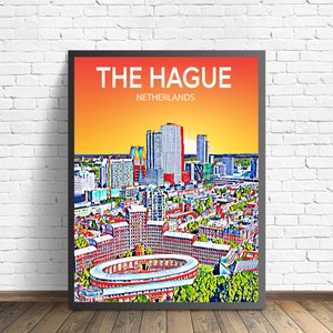 Den Haag Niederlande Kunst Poster Sonnenuntergang / Nacht Poster Kunstdruck, The Haag Stadt eingerahmt moderne Wandkunst, bunte Skyline Leinwand Foto