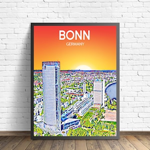 Bonn Germany Art Poster Sunset / Night Poster Art Print, Bonn City Framed Modern Wall art, Colorful Skyline Canvas Sketch