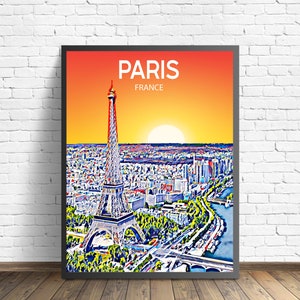 Paris France Art Poster Sunset / Night Poster Art Print, Paris City Modern Wall art, Colorful Skyline Canvas Photo sketch Gift