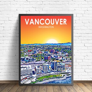 Vancouver Washington Sonnenuntergang Landschaft Poster Druck, Vancouver City Gerahmt Wand Leinwand Kunst Bunte Skyline Skizze Foto