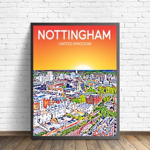Nottingham UK Art Poster, Großbritannien Sonnenuntergang / Nacht Poster Kunstdruck, Nottingham City Moderne Wandkunst, Skyline Leinwand Foto Skizze
