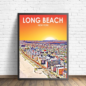 Affiche d'art de Long Beach NY New York coucher de soleil paysage affiche impression, Long Beach mur de la ville toile art horizon coloré croquis photo