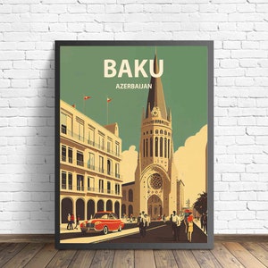 Baku Azerbaijan Retro Art Print, Baku Wall Art Illustration, Baku Vintage Minimal Design Poster
