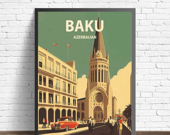 Baku Azerbaijan Retro Art Print, Baku Wall Art Illustration, Baku
