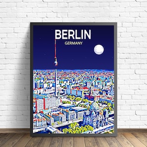 Berlin Germany Art Poster Sunset / Night Poster Art Print, Berlin City Framed Modern Wall art, Colorful Skyline Canvas Sketch