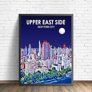 Affiche d'art de l'Upper East Side NYC, impression d'affiche de paysage coucher de soleil de New York City, photo de croquis d'art d'art de toile de mur de ville de l'Upper East Side