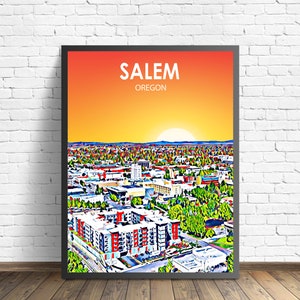 Salem OU affiche d&#39;art, impression d&#39;affiche de paysage coucher de soleil de l&#39;Oregon, ville de Salem encadrée art mural toile d&#39;art coloré croquis photo