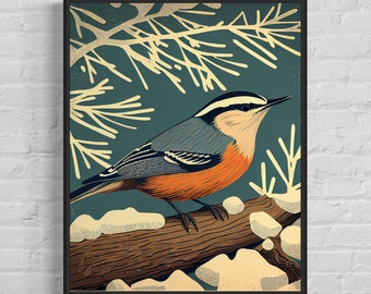 Nuthatch Retro Art Print, Nuthatch Illustration, Nuthatch Vintage Minimal Design Poster