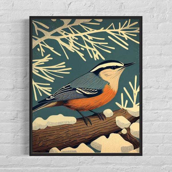 Nuthatch Retro Art Print, Nuthatch Illustration, Nuthatch Vintage Minimal Design Poster