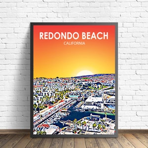 レドンド ビーチ CA アート ポスター、カリフォルニアの夕日の風景ポスター プリント、レドンド ビーチ シティ ウォール キャンバス アート カラフルなスカイライン スケッチ写真