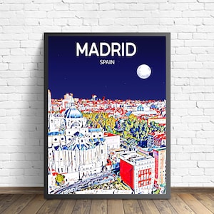 Madrid Spain Art Poster Sunset / Night Poster Art Print, Madrid City Modern Wall art, Colorful Skyline Canvas Sketch Photo Sketch