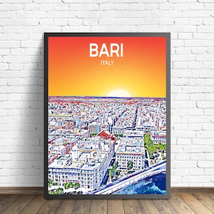 Bari Italien Kunst Poster Sonnenuntergang / Nacht Poster Kunstdruck, Bari City Moderne Wandkunst, Bunte Skyline Leinwand Skizze