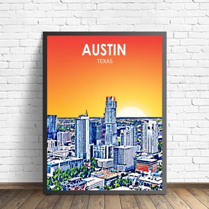 Austin Texas Kunst Poster Sonnenuntergang / Nacht Landschaft Poster Druck, Austin City gerahmt Wandkunst USA, bunte Skyline Skizze Wohnkultur