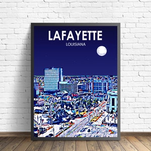 Lafayette Louisiana Art Poster Sunset Landscape Poster Print, Lafayette City Framed Wall Canvas Art Colorful Skyline Sketch Photo