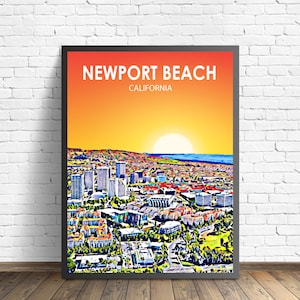 Newport Beach CA Kunst Poster, Kalifornien Sonnenuntergang Landschaft Poster Druck, Newport Beach City Wand Leinwand Kunst Bunte Skyline Skizze Foto
