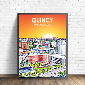 Quincy MA Art Poster, Massachusetts Sunset Landscape Poster Print, Quincy City Wall Canvas Art Colorful Skyline Sketch Photo