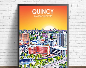 Quincy MA Art Poster, Massachusetts Sunset Landscape Poster Print, Quincy City Wall Canvas Art Colorful Skyline Sketch Photo