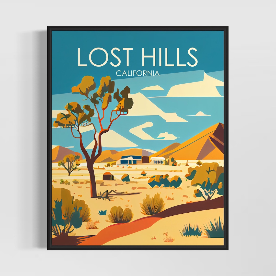 Lost Hills California Retro Art Print, Lost Hills Ca Art Illustration, Lost Hills Ca Vintage