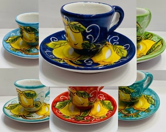 Vietri Sul Mare Lemon pattern Espresso cup + saucer (3 fl.oz) Made/Painted by hand in Italy *SHIPS FROM USA* No Import tax