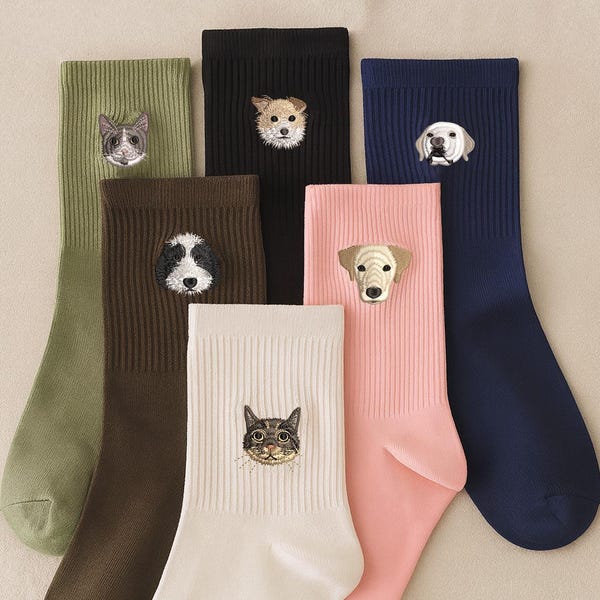 Custom Embroidered Pet Portrait Socks: Personalized Dog & Cat Gift from Photo