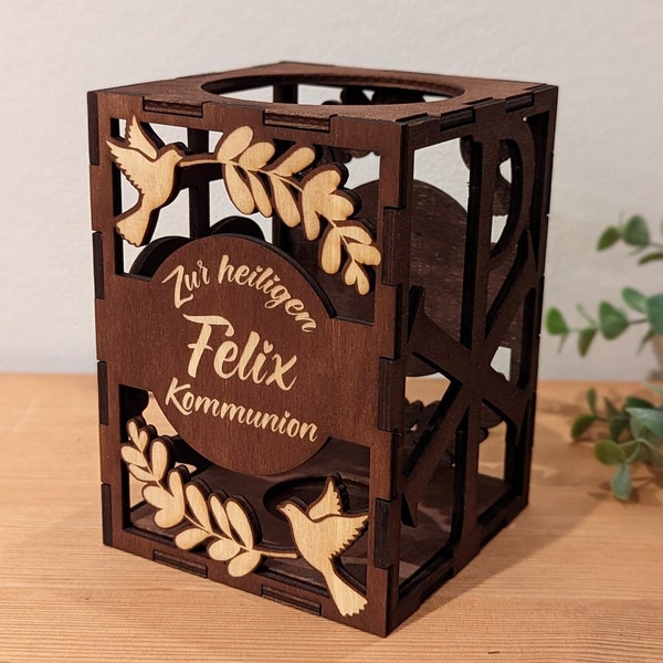 Personalisiertes Windlicht / Laterne aus Holz, Geschenk oder Dekoration zur Kommunion / Konfirmation / Firmung