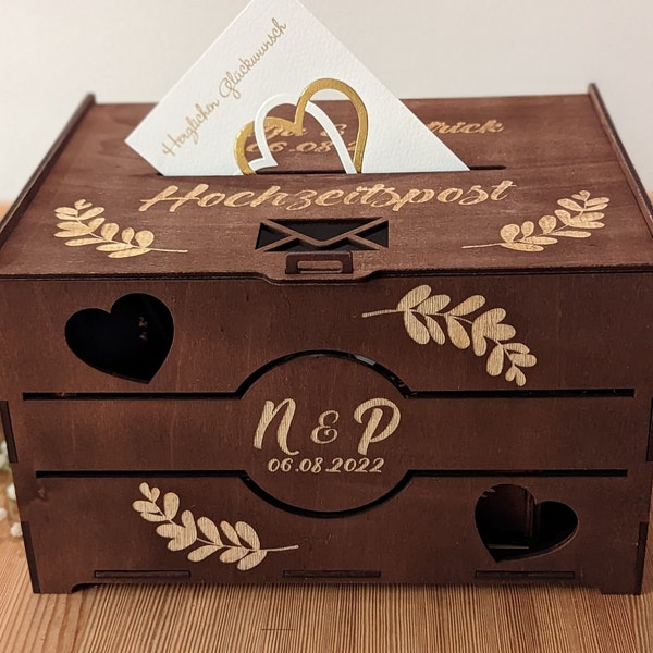 Große Personalisierte Hochzeits Kartenbox aus Holz abschließbar, Hochzeitspost, Briefbox, Truhe