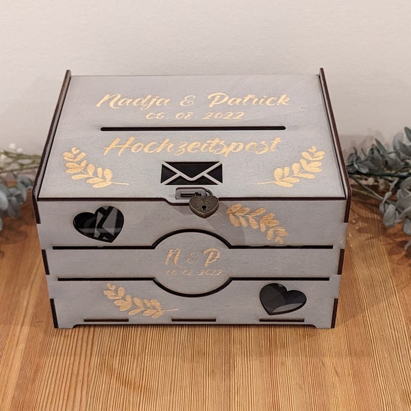 Large personalized wedding card box made of wood, lockable, wedding mail, letter box, chest