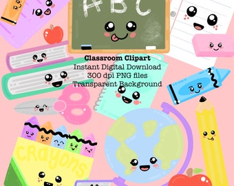 Classroom School Supplies Clipart - Cute Kawaii School Clipart - Transparent Background - Digital Download PNG Files