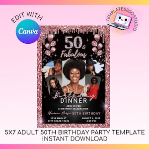 Editable Rose Gold Glitter Adult 50th Birthday Party Invitation, Instant Download, Digital Download