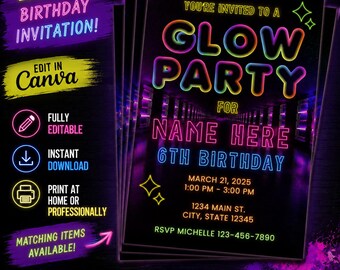 Neon Glow Birthday Invitation, Canva Template, Glow Party Invite (Digital Download)