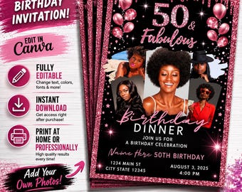 50th Birthday Dinner Invitation, Rose Gold Glitter Party Invite (Digital Download)