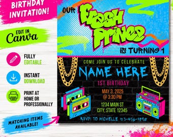 May include: A neon-colored birthday invitation with the text "Our Fresh Prince is Turning 1". The design includes a boombox, cassette tapes, and gold chain accents. The invitation is editable and available for instant download.