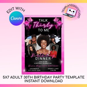 Editable Pink Adult Talk Thirty To Me 30th Birthday Party Invitation
