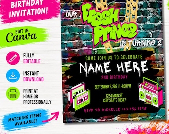May include: A birthday invitation with a graffiti-style design. The invitation features the text "Fresh Prince" and "Name Here" in bold, neon green and white lettering. Includes a boombox and cassette tapes. The invitation is fully editable and available for instant download.