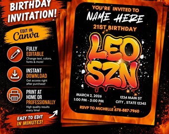 Leo Szn Birthday Invitation, Red Fire Zodiac Template (Instant Download)