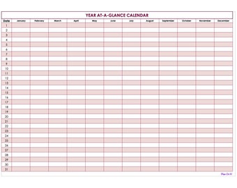 Op de afbeelding: Een blanco jaarlijkse kalender met een rasterindeling. De kalender is verdeeld in 12 maanden, met voor elke maand 31 rijen voor de dagen van de maand. De kalender heeft de titel "Jaarlijkse kalender in één oogopslag".