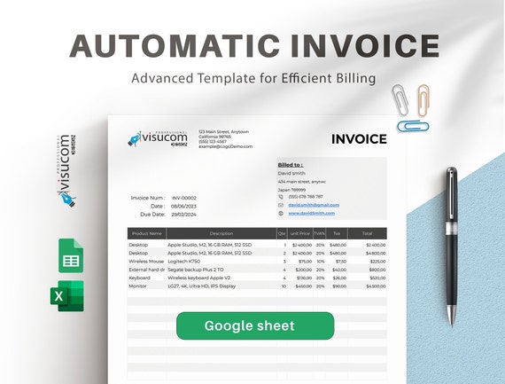 Digital Invoice Template, Business automated, Editable GoogleSheets and excel file, Ready to Print, Customizable and Editable online