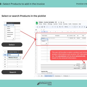 May include: A screenshot of a computer screen showing a step-by-step guide on how to select or search products in a picklist to add to an invoice. The user can select a product from a list or search for a product by typing in the search bar. The user can then retrieve product information such as price, VAT, and description. The calculations will be done automatically based on the retrieved information.