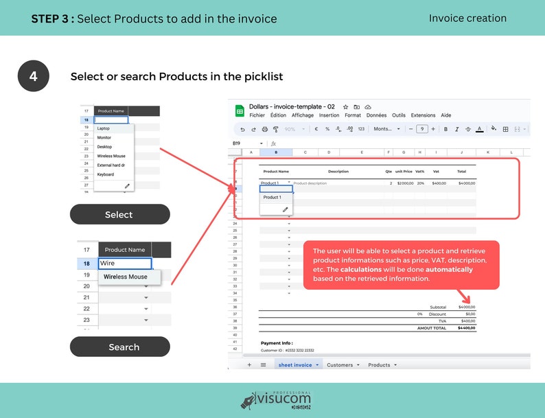 May include: A screenshot of a computer screen showing a step-by-step guide on how to select or search products in a picklist to add to an invoice. The user can select a product from a list or search for a product by typing in the search bar. The user can then retrieve product information such as price, VAT, and description. The calculations will be done automatically based on the retrieved information.